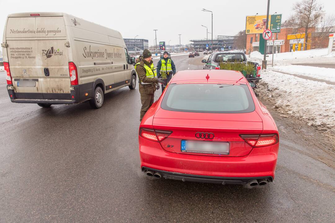 Kaune miškininkai su policija vairuotojams dovanojo eglutes