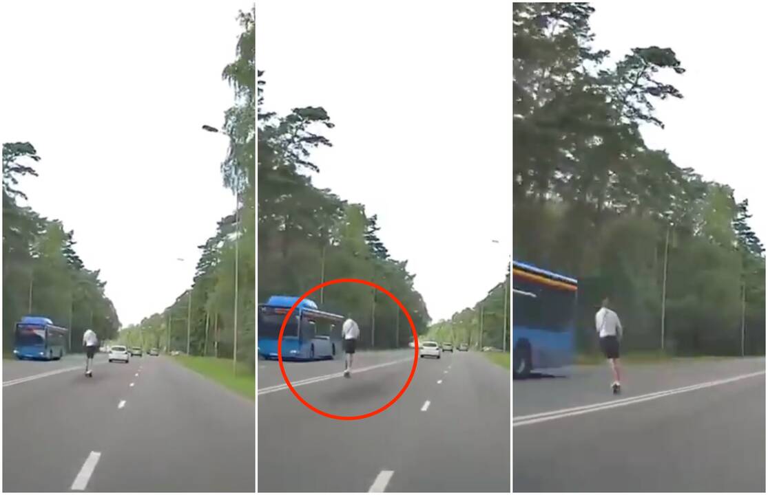 Viršūnė: P.Lideikio gatvėje paspirtukininkas kirto skersai kelio vienam automobiliui, perskriejo dvigubą ištisinę liniją ir vos neiššoko prieš autobuso nosį. Taip veikėjas perskriejo keturias eismo juostas.