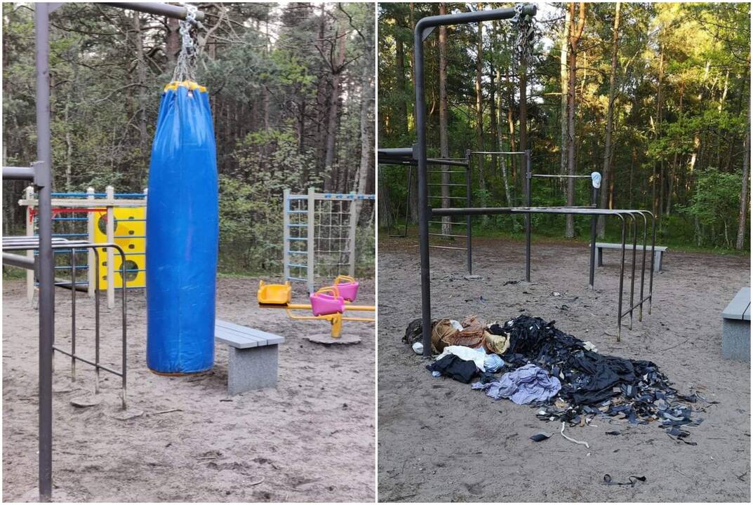 Įpykdė: štai taip atrodė gegužės viduryje gyventojų iniciatyva pakabinta bokso kriaušė. Šeštadienį ryte gyventojai ją rado suniokotą.