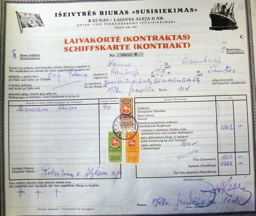 „Šipkartė“: keturiasdešimtmetis beraštis Aleksas Abramavičius (dokumentą pasirašęs kryžiukais) už kelionę į Hamburgą traukiniu, o iš ten – į Ameriką laivu iš anksto sumokėjo 1 262 litus.