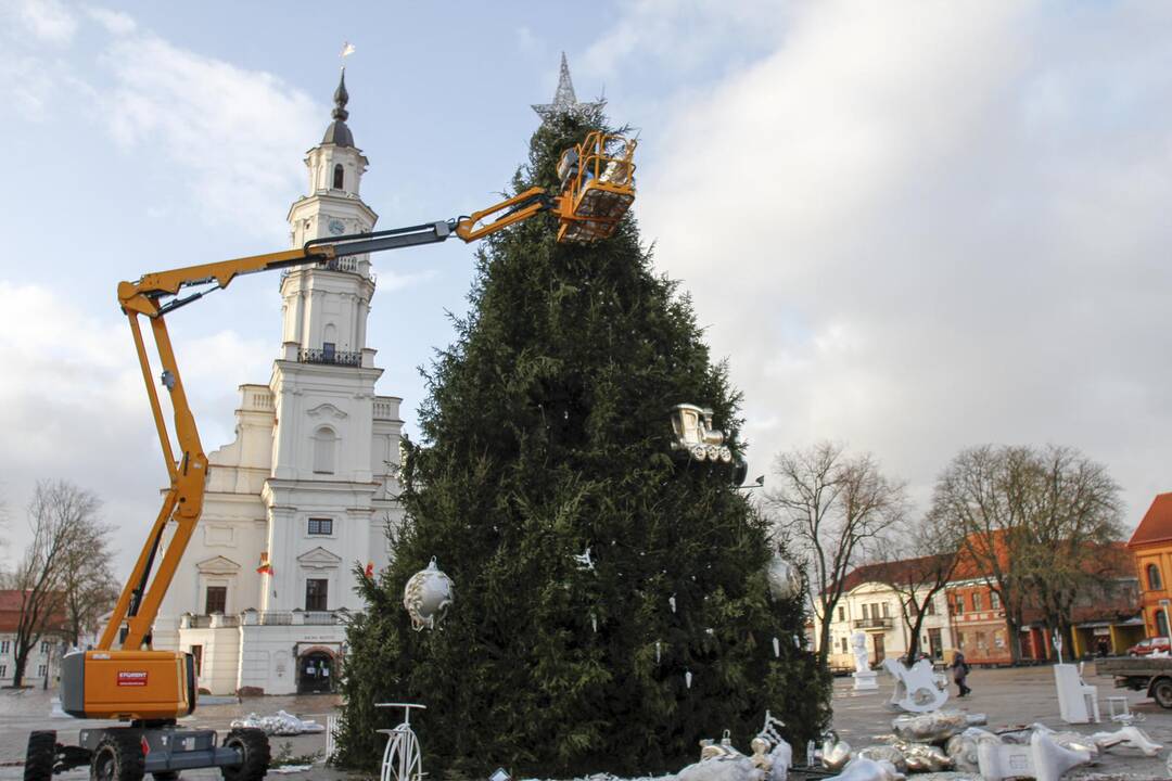 Rotušės aikštėje nupuošiama Kauno Kalėdų eglė.