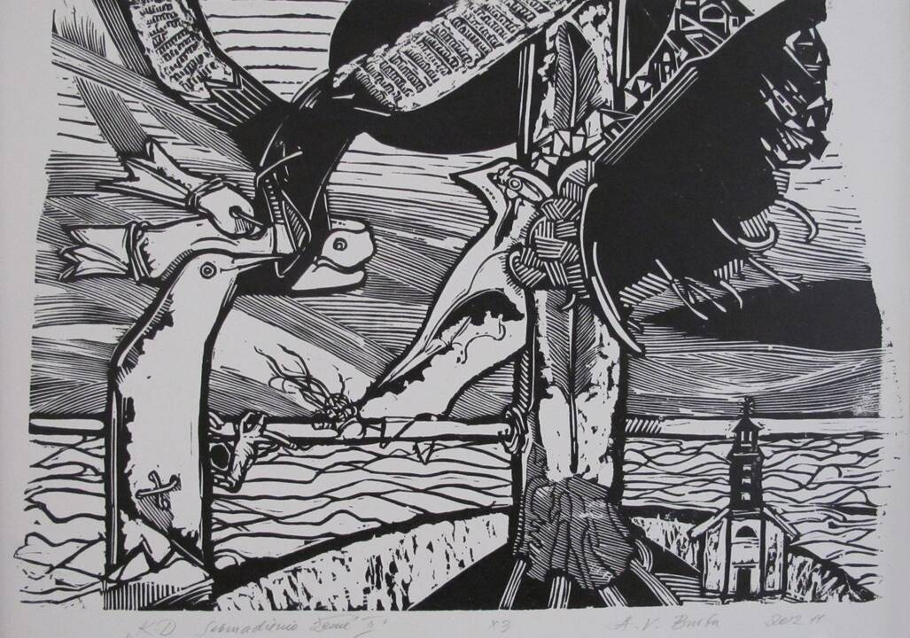 A.V.Burbos estampas „Sekmadienio žemė II“ (2012, linoleumo raižinys, fragmentas).