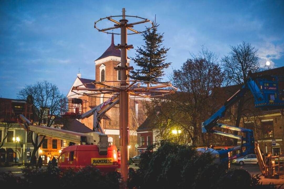 Rotušės aikštėje ryškėja auksinės Kalėdų eglės kontūrai