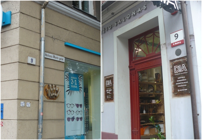 Paradoksas: Herkaus Manto gatvėje du vienas priešais kitą, tik skirtingose gatvės pusėse esantys pastatai yra pažymėti tuo pačiu numeriu.