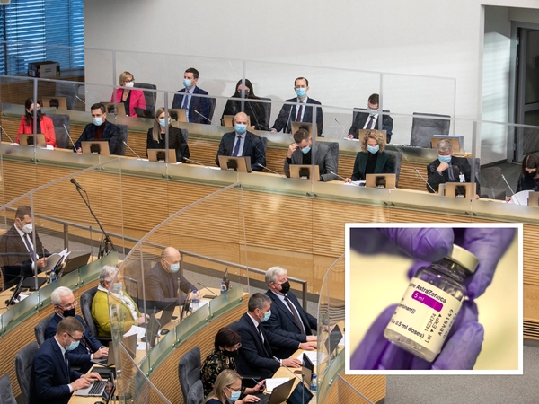 Seimas pradėjo skiepytis „AstraZeneca“ vakcina: grįžta posėdžiauti gyvai
