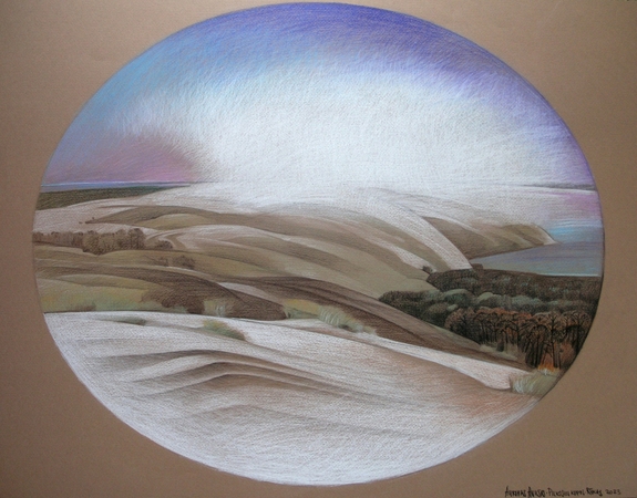 A. Anusas. Pilkosios kopos. 2023 m. Popierius, spalvoti pieštukai, 70 X 90 cm.