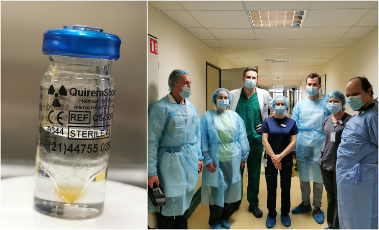 Holmio-166 preparatas ir medikų komanda.