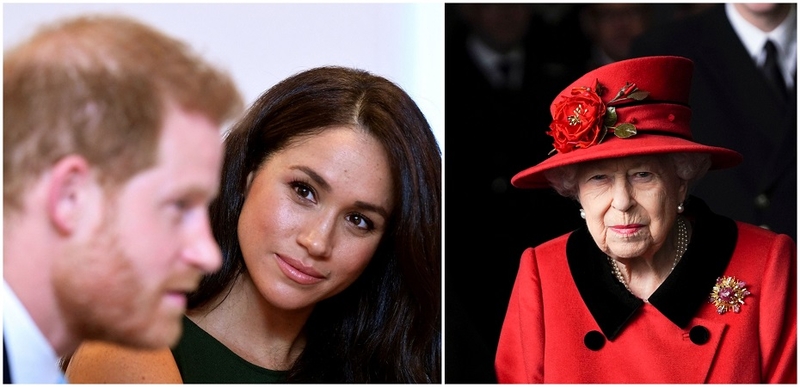 Princas Harry ir Meghan Markle (kairėje) bei karalienė Elizabeth II