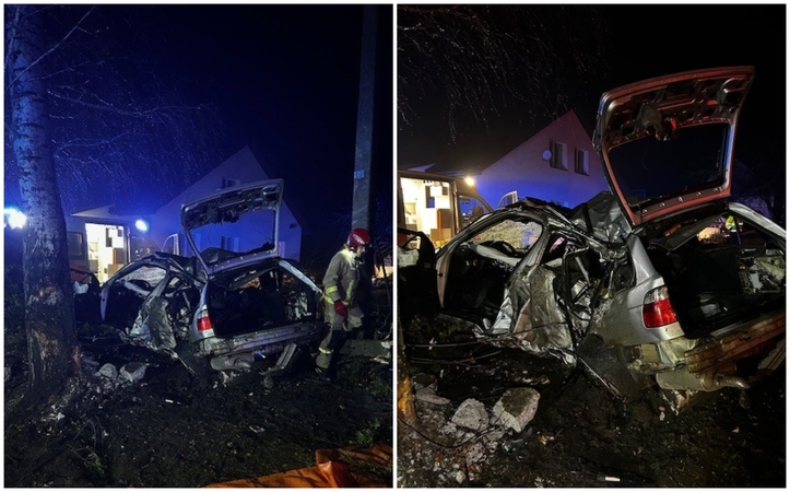 Tragiška avarija: BMW rėžėsi į stulpą ir medį, žuvo du vyrai
