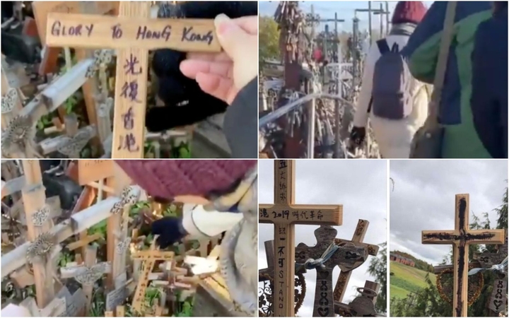Kinų turistai ant Kryžių kalno išniekino protestus Honkonge remiančius kryžius
