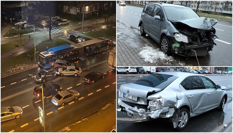 Taikos prospekte – masinė avarija: apgadinti trys automobiliai ir autobusas