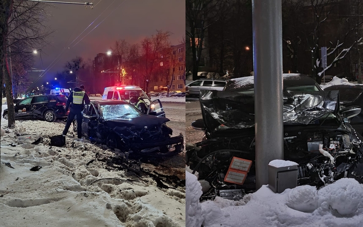 Savanorių prospekte – stipri BMW ir „Volkswagen“ avarija: po smūgio „Citybee“ rėžėsi į stulpą
