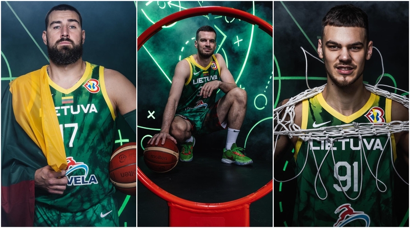 Portretai: Lietuvos krepšininkai dalyvavo oficialioje FIBA pasaulio čempionato dalyvių fotosesijoje (iš kairės – J. Valančiūnas, T. Dimša, D. Sirvydis).