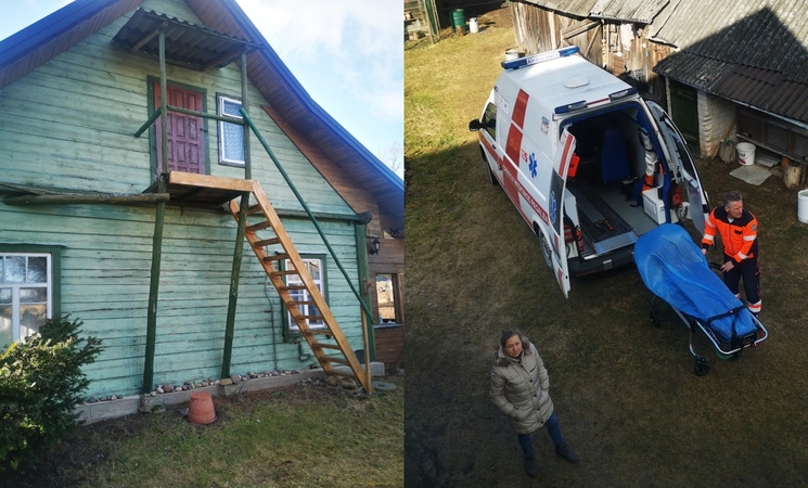 Gelbėjimo operacija siaurais apledėjusiais laiptais: stuburo traumą patyrusi moteris išnešta saugiai