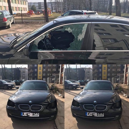 Garliavoje išdaužtas BMW automobilio stiklas, pavogti žibintai ir veidrodėliai
