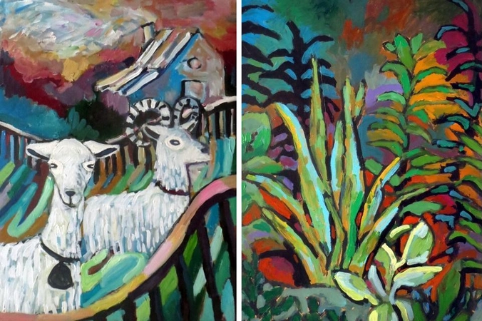 J.Skučaitės paveikslai „Prie limonadinės“ (2016) ir „Baseino džiunglės“ (2014).
