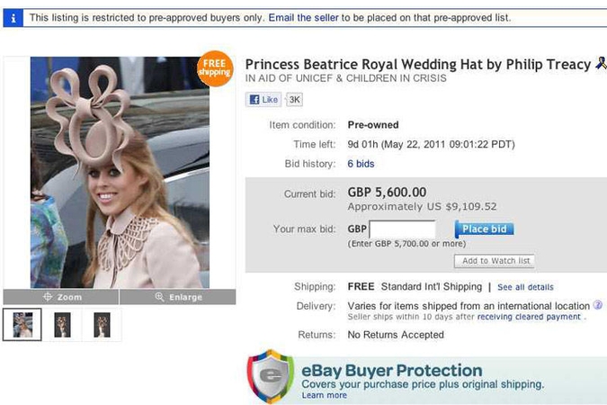 Audringą reakciją sukėlusi britų princesės skrybėlė parduodama „eBay“